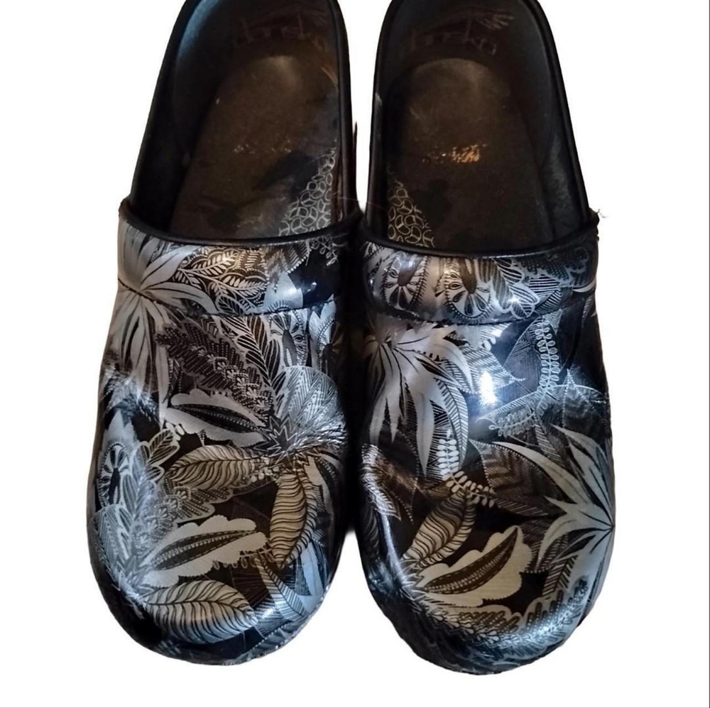 Dansko Black Grey Floral Paisley Clogs
